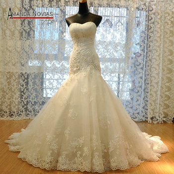 2015 роскошный крозе лиф шнурка Высокое качество реальный образец русалка свадебное платье R-363
