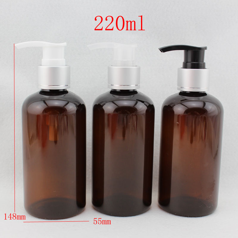 220ml x 20 empty brown cosmetic bottles with pump , shampoo lotion pump bottle ,  amber PET container with silver dispenser