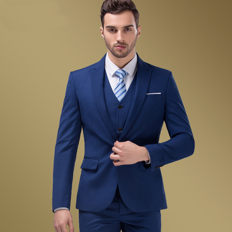 Mens Wedding Dress Slim Suit Commercial Men\'s Clothing Suits Man Navy Blue Fashion Three Pieces Suit