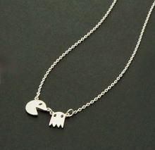 Fashion Statement necklace 2015 Gold Silver Pac Man Retro Necklace Fun and cute Angry Ghost Necklace