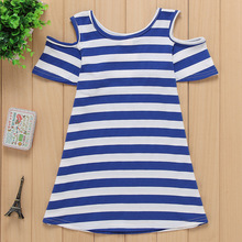 B1 HOT 2016 New Girls Summer New Fashion Striped Strapless Dress Children Fashion Soprt Party Short Sleeve Long Clothes