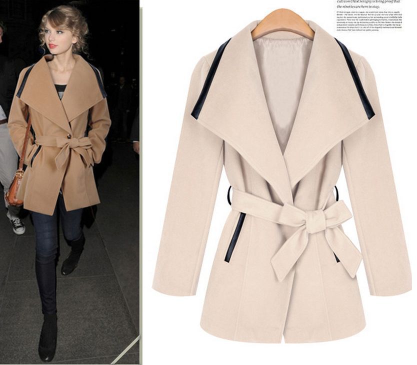 2014 Autumn Winter Woolen Overcoat Women Slim Fashion  Wool Blends Coat Turn-down Collar  Solid Belt  Adjustable Waist