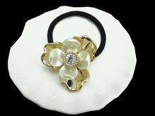 2 pcs Wholesale Gold Plated Alloy Flowers Shell Floral Hair Holder Black Rope Shinning Zircon Rhinestone