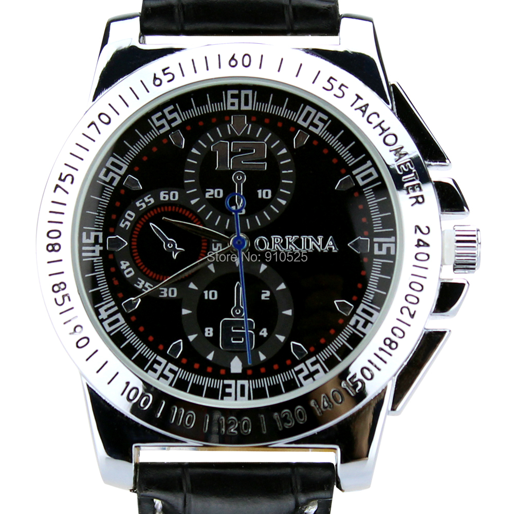 Orkina Black Decorative Chronograph Dial Silver Case Quartz Business Fashion Leather Strap Wrist Watch | ORK0106