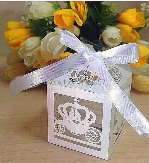 50pcs Laser Cut Cinderella Enchanted Carriage Marriage Box,pumpkin carriage Wedding Favor Boxes Gift box Candy box(white ribbon)