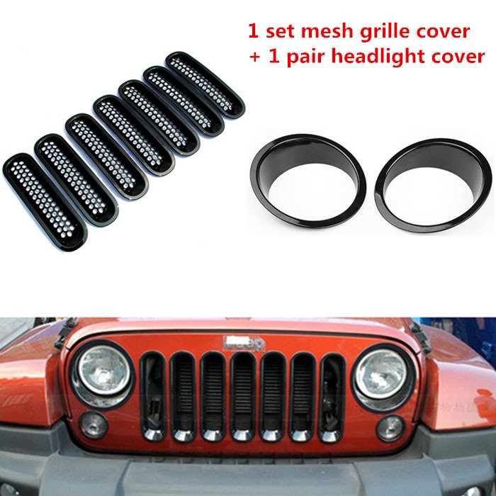 1 Set Black Front Grill Mesh Grille Insert with Headlight Trim Bezels Cover For Jeep Wrangler JK 07-14