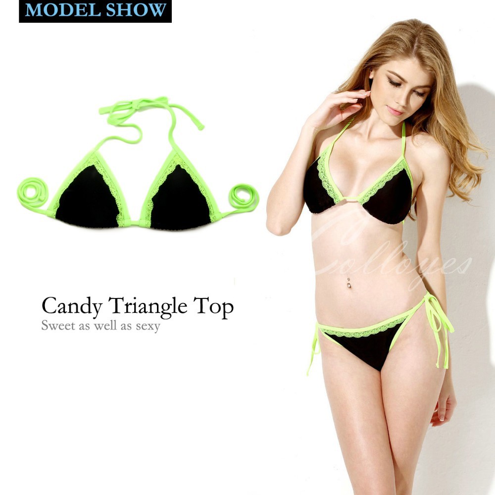 CA151003-800 Newest Colloyes Triangl Bikini Set Sexy Black + Double Green Lace Trim Triangle Top with Classic Cut Bottom Bikini Swimwear Swimsuit (4)