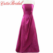 Rose Red Strapless A Line long Bridesmaid Dress Pleats Waist Custom Made Satin Dress For Wedding Party 2016