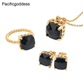 stainless steel jewelry set 18K gold plated women rings earrings and necklace set with black crystal
