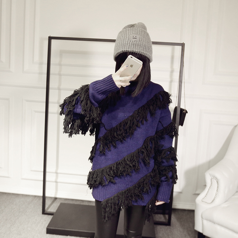 2015 winter new women's round neck sweater thick warm sweater wool tassels