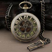 PU010 Dress Bronze Big numbers Case Vintage Round Dial Skeleton Men Hand-wind Mechanical Pocket Watch + Chain
