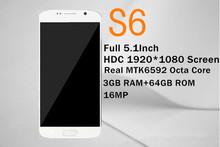Original s6 mobile phone 3GB Ram MTK6592 octa core smartphone android 5.1 FHD 2560*1440 s6 phone nano sim cell phone