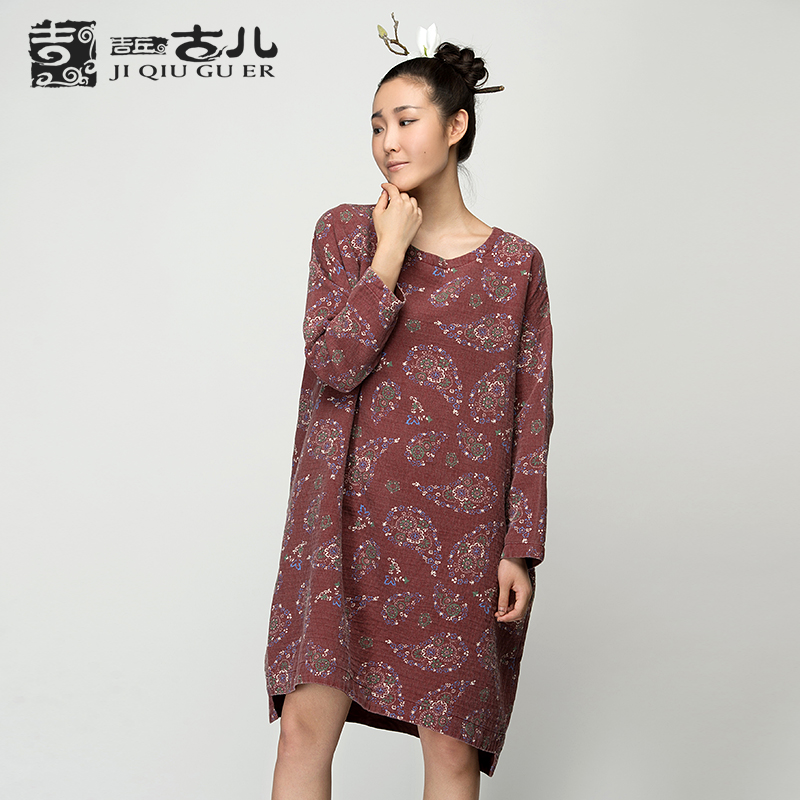 Jiqiuguer Original Brand Vintage national trend dresses o-neck long-sleeve  vestido pullover loose one-piece dress