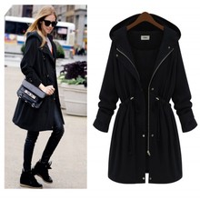 2016 Spring Autumn Winter Woman Black Army Green Hoodie Drawstring Zipper Slim Trench Long Coat Plus Size