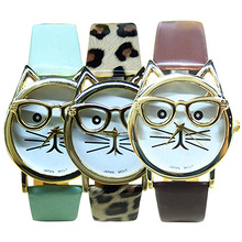Fashion Unisex New Wristwatches Women s Men s Cute Glasses Cat Case Faux Leather Analog Quartz