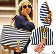 2016 summer beach bags canvas navy strip women large hand bag shoulder bag with tassel 1pcs free ship HB204