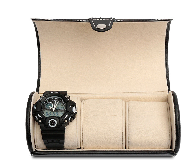 Black 3 Slot Cylindrical Watch Travel Case Leather Roll Jewelry Watch