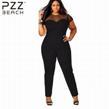 L XL XXL XXXL Sexy Mesh Overalls Patchwork Rompers O-neck Big Yards Short Sleeve Fashion Long Playsuits Jumpsuit Pants Bodycon