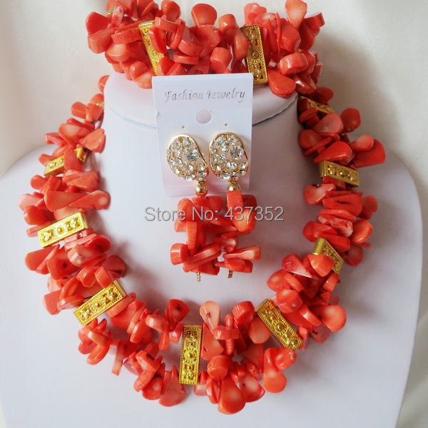 Handmade Nigerian African Wedding Beads Jewelry Set , Pink Coral Beads Necklace Bracelet Earrings Set CWS-356