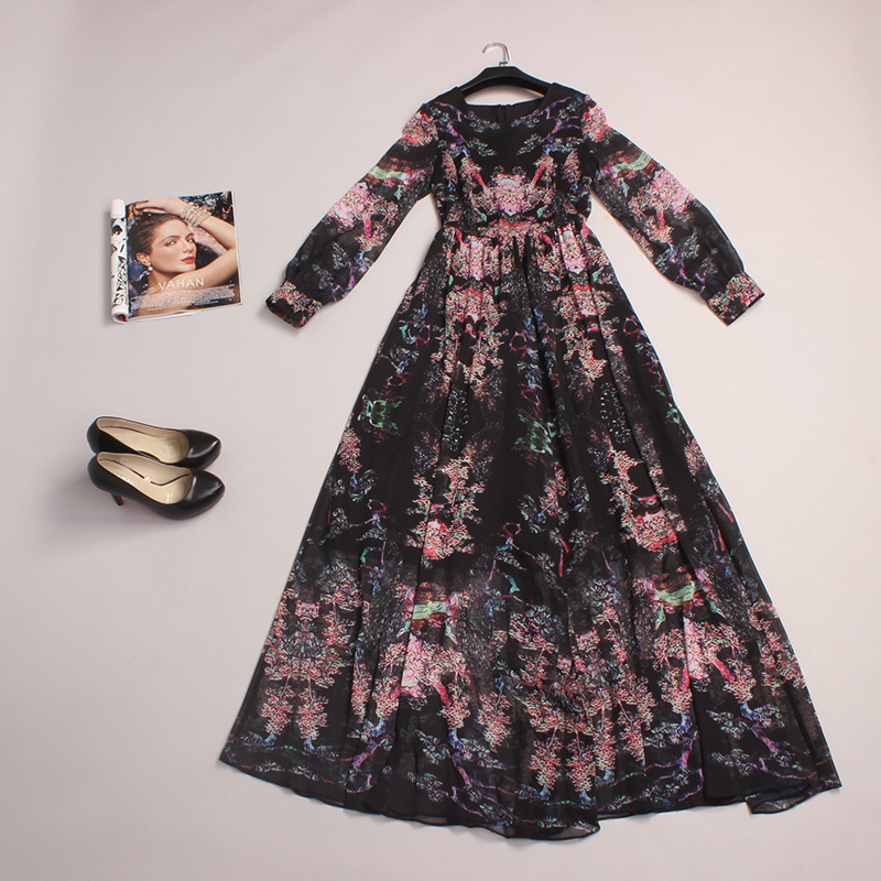 Vintage Dress 2016 Spring Autumn New Fashion Brand Runway Full Lantern Sleeve Ankle-Length Flower Print Black Elegant Dress