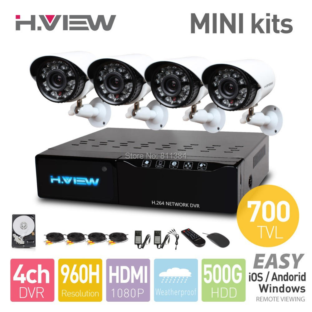 H View 4CH CCTV System 4 Channel 960H HDMI MINI DVR 4 700TVL IR CCTV Camera