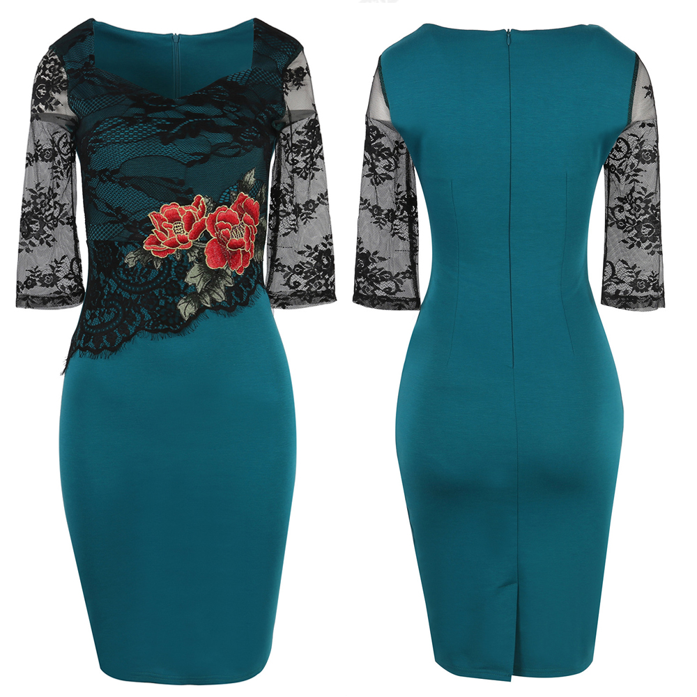 5 YATHON Plus size 5XL Embroidered Lace Bodycon Dresses For Womens Floral Pattern Hollow Out Pin Up Business Work Office Casual Sheath Pencil Special Occasion Pro