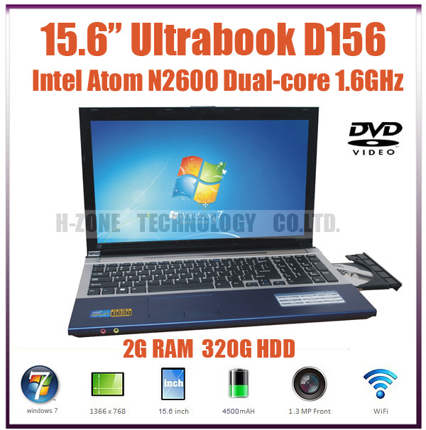 15 6 Inch Dual Core Metal Shell Laptop 1 86GHz Intel Atom D2500 2GB RAM 320GB