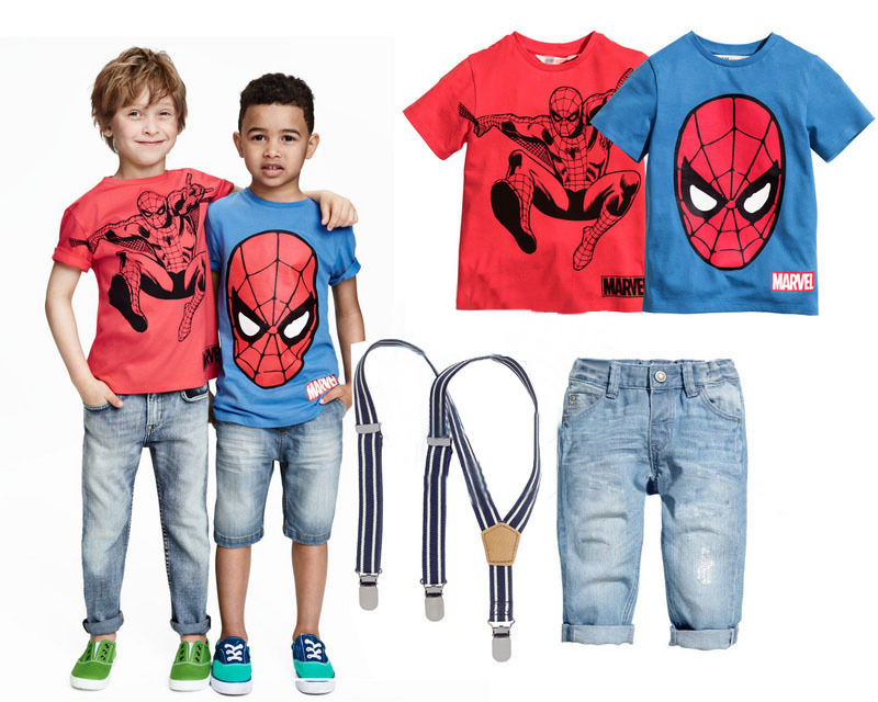 Baby boy summer clothes boys sets cartoon Spiderman Superman short sleeve boys t shirt + jeans pants + strap 4pcs set boys set