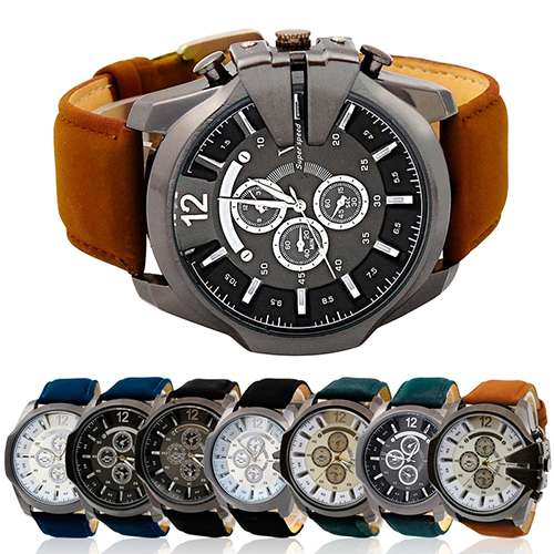 2015 New Men Big Dial Faux Leather Band Stainless Steel Analog Quartz Sports Watch 5ENI