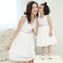 Lace V-neck Women Dresses Fashion Family Dresses for Mummy Girl Toddler Girl Lace Dresses Family Matching Clothing Pink White