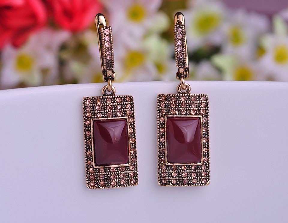 Vintage Ruby Jewelry Sets Antique Gold Plated Square Red Necklace Earring Ring Set Princess Hooks Earrings Big Size Rings Colar