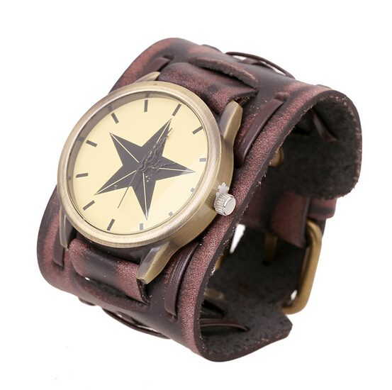 Punk Casual Leather Rock Wide Strap Weave Star Dial Wrist Watch Vintage Bracelet Best Gift Fashion