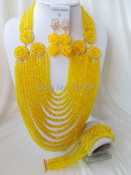 2015 New Fashion! Yellow crystal beads necklaces costume nigerian wedding african beads jewelry sets NC2215