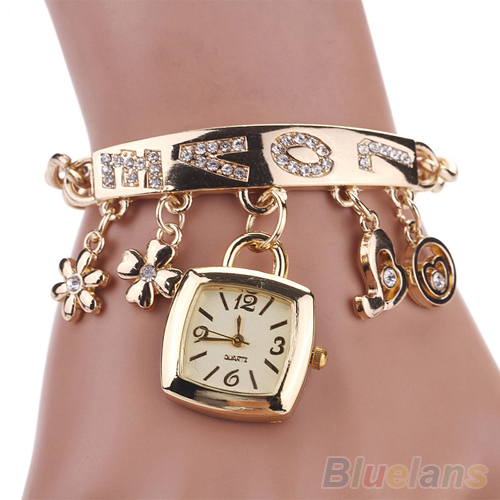 Flower Heart Love Style Rhinestone Stainless Steel Chain Bracelet Wrist Watch women 1SC7