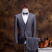 2015 New Arrivals Classic Retro England Plaid Style Suits Men Blazer+Vest+Pants,Fashion Elegant Men Dress Business Casual Style