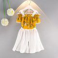 2017 Summer New Girls Chiffon Suit Harness Shirt Pants 2 Pieces of Floral Strapless Wide Leg