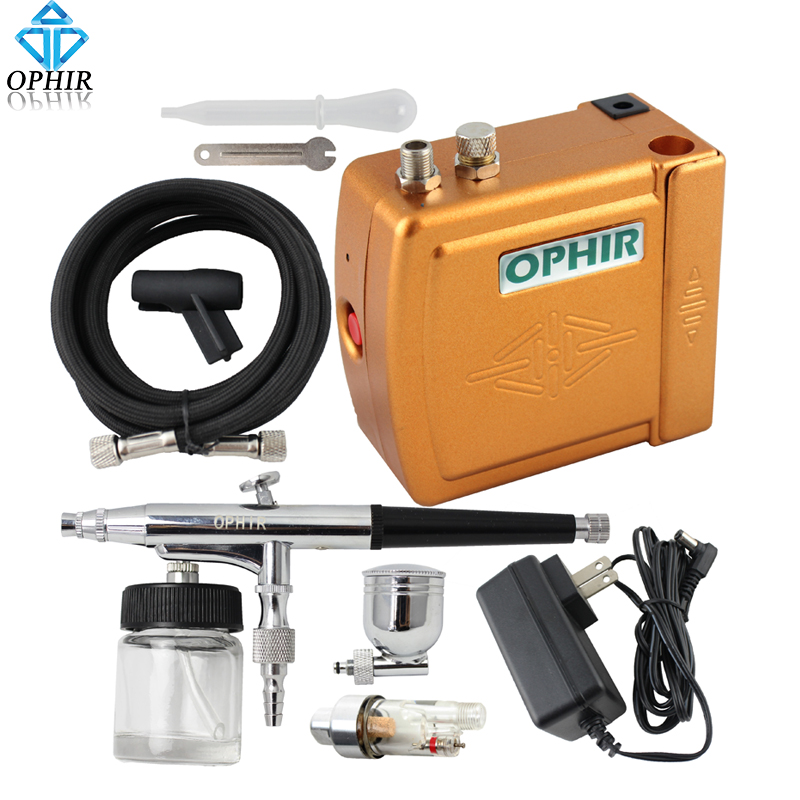 OPHIR Free Shipping New DC 12V 0.3mm Dual Action Golden Airbrush Kit Air Compressor Nail Art Makeup #AC003G+AC005+AC011