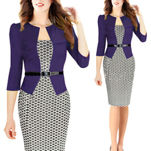 Ladies Autumn New Workwear Clothing 2015 Fashion Womens One Piece Elegant Plaid Tartan Belted Knee Length Business Office Dress