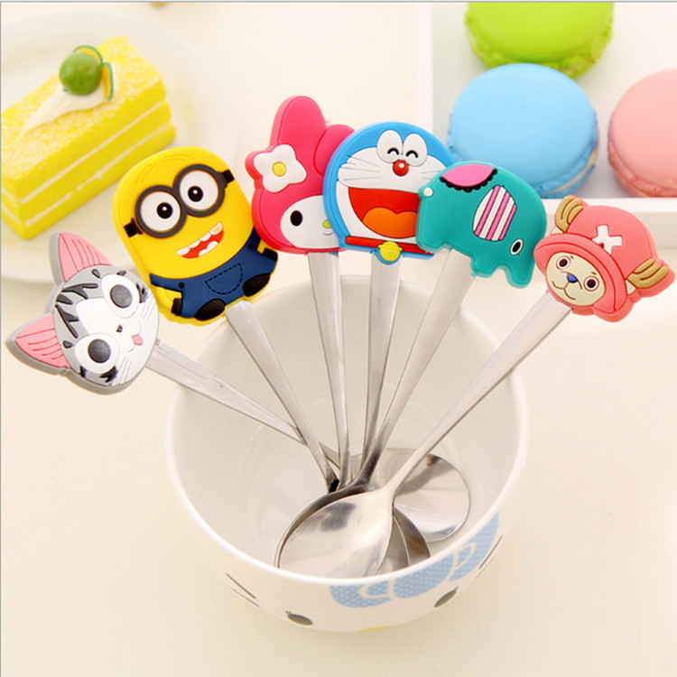 Silicone Cartoon Handle Spoons Kids Stainless Steel Ice Cream Coffee Tea Soup Spoon Creative Dinner Tableware Kitchen Accessorie