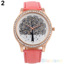 Women Tree Dial Rhinestone Inlaid Golden Tone Case Faux Leather Band Wrist Watch  2MPX