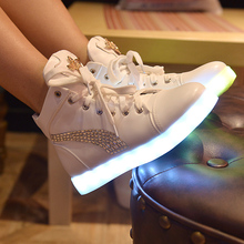 female luminous led shoes metal decoration diamond Winter 2015 light shoes colorful casual women shoes high-top