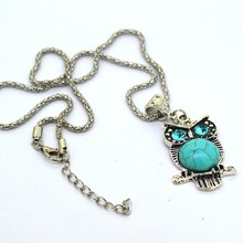 Women s Vintage Style Owl Inlay Crystal Eyes Turquoise necklace Silver Plated Female Decoration Jewelry Clothes