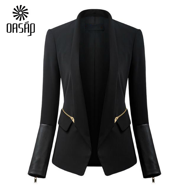 Basic PU Paneled Slim Blazer Women Long Sleeves Open-front Jacket Outwear Blazer Feminino Free Shipping