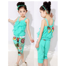 Children clothing set 2016 girls clothing set,sport suit,tank top with metallic bowknot+floral print trousers girls summer suit