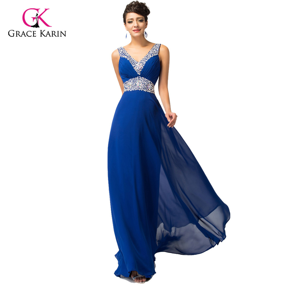 Grace Karin Chiffon Elegant Royal Blue Evening Dresses V Neck Beaded Formal Gowns Long Prom 