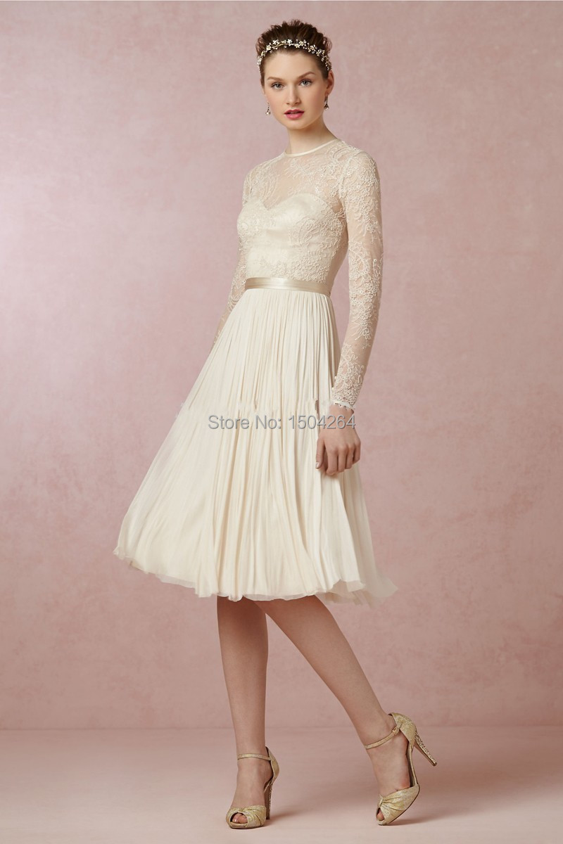 Aliexpress.com Comprar De manga larga De encaje Vestidos Fiesta corto Fiesta con moldeado longitud De la rodilla una línea De gasa vestido De la noche