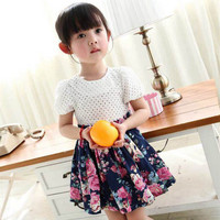 New Fashion Girl Dress Flower Print Lace Patchwork Kids Clothes Brand Children Clothing Cute Dresses For Girls