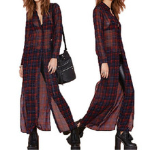 Plaid blusas femininas 2016 Summer Sheer Split Long Blouse Tartan Vintage Sheer Cardigans Blouses Casual Chiffon Blusa