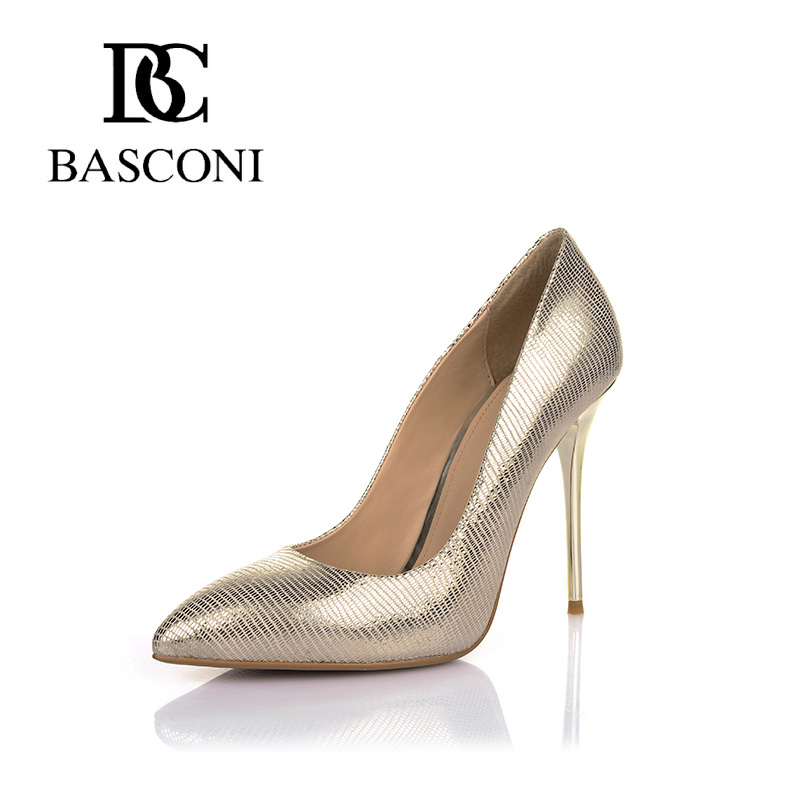 Free shipping 2016 BASCONI woman shoes pointed a stiletto with golden grain sheepskin Leather lining New