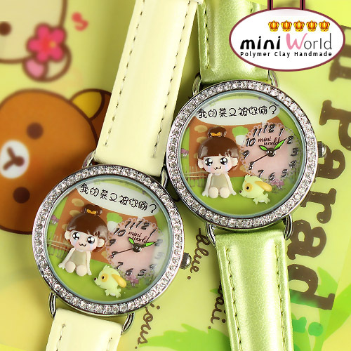 2015 Mini Word Quartz DIY 3D Green Girl Dog Polymer Clay Watches Women Girl Dress Wristwatches